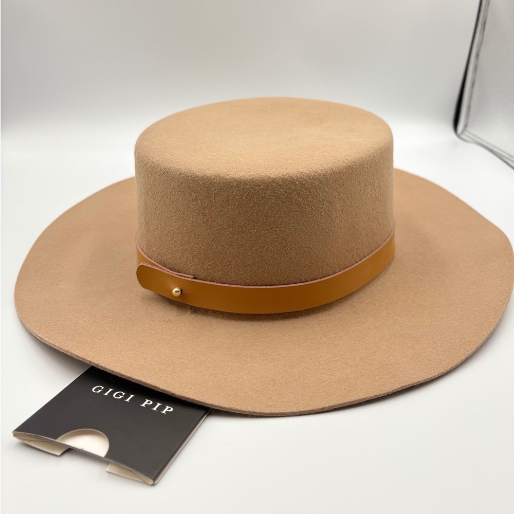 Gigi Pip Dahlia Boater Hat Women XL Tan Australian Wool Wide Brim Leather NWT